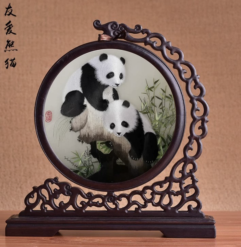 Double - sided embroidered screen ornament with panda patterns in Shu embroidery style