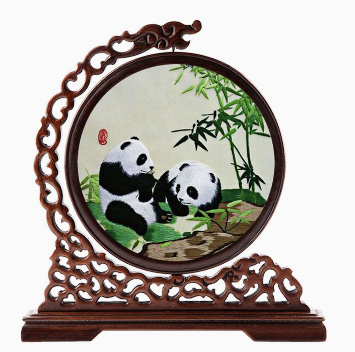 Double - sided embroidered screen ornament with panda patterns in Shu embroidery style