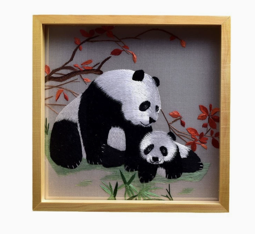 Square ornament with double - sided panda - themed Shu embroidery