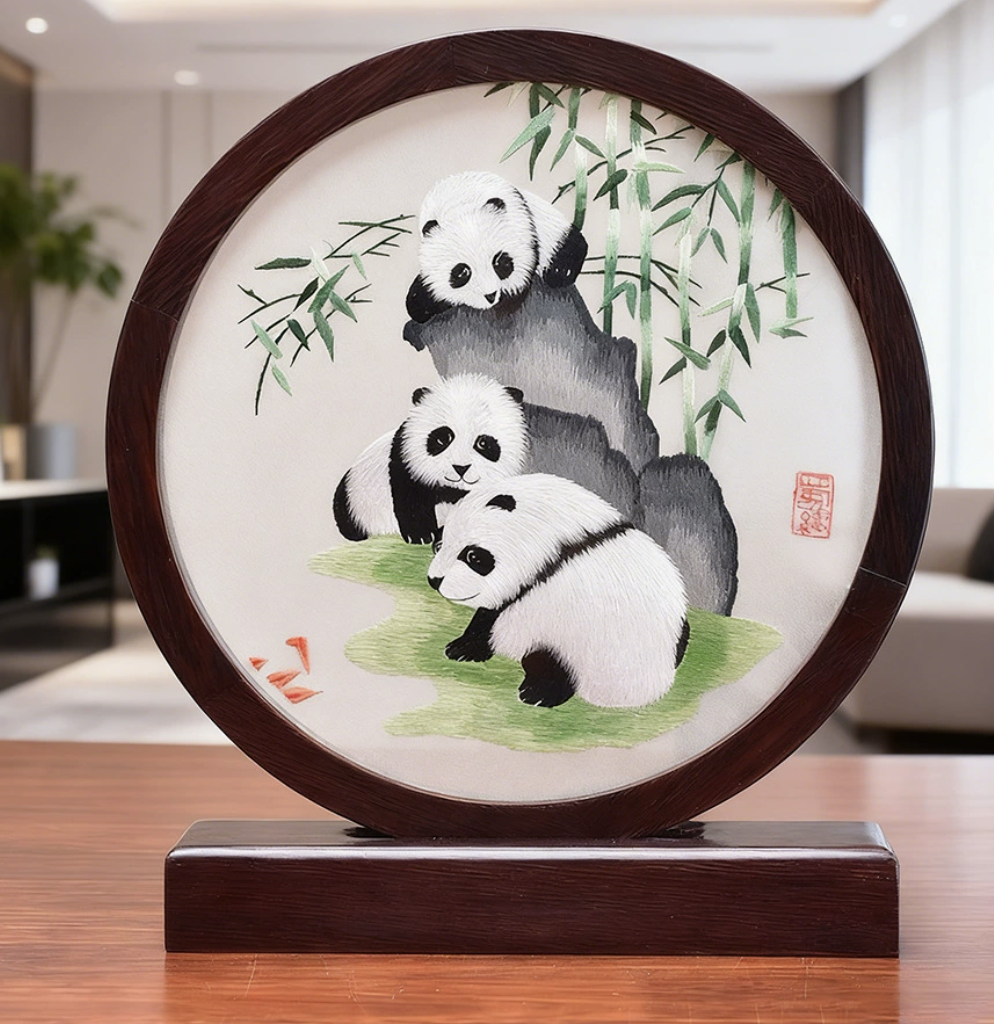 Hand - embroidered panda - themed screen ornament