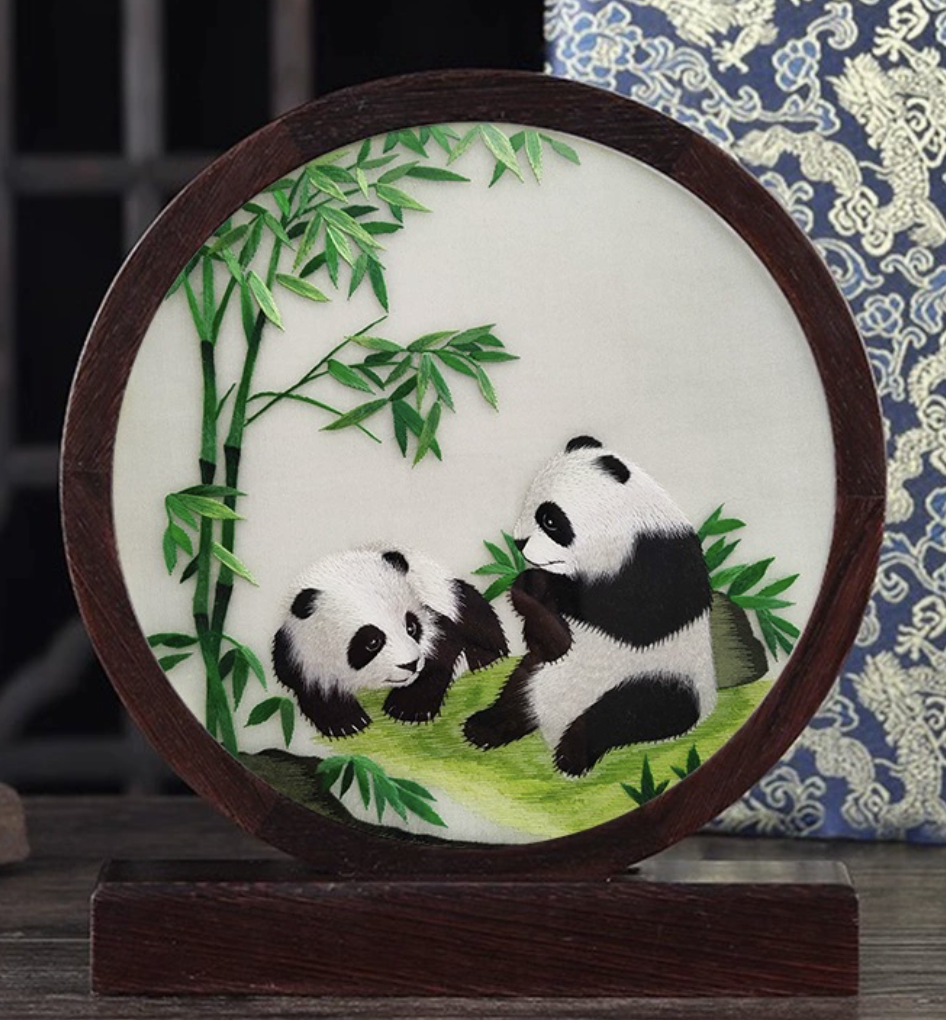 Hand - embroidered panda - themed screen ornament