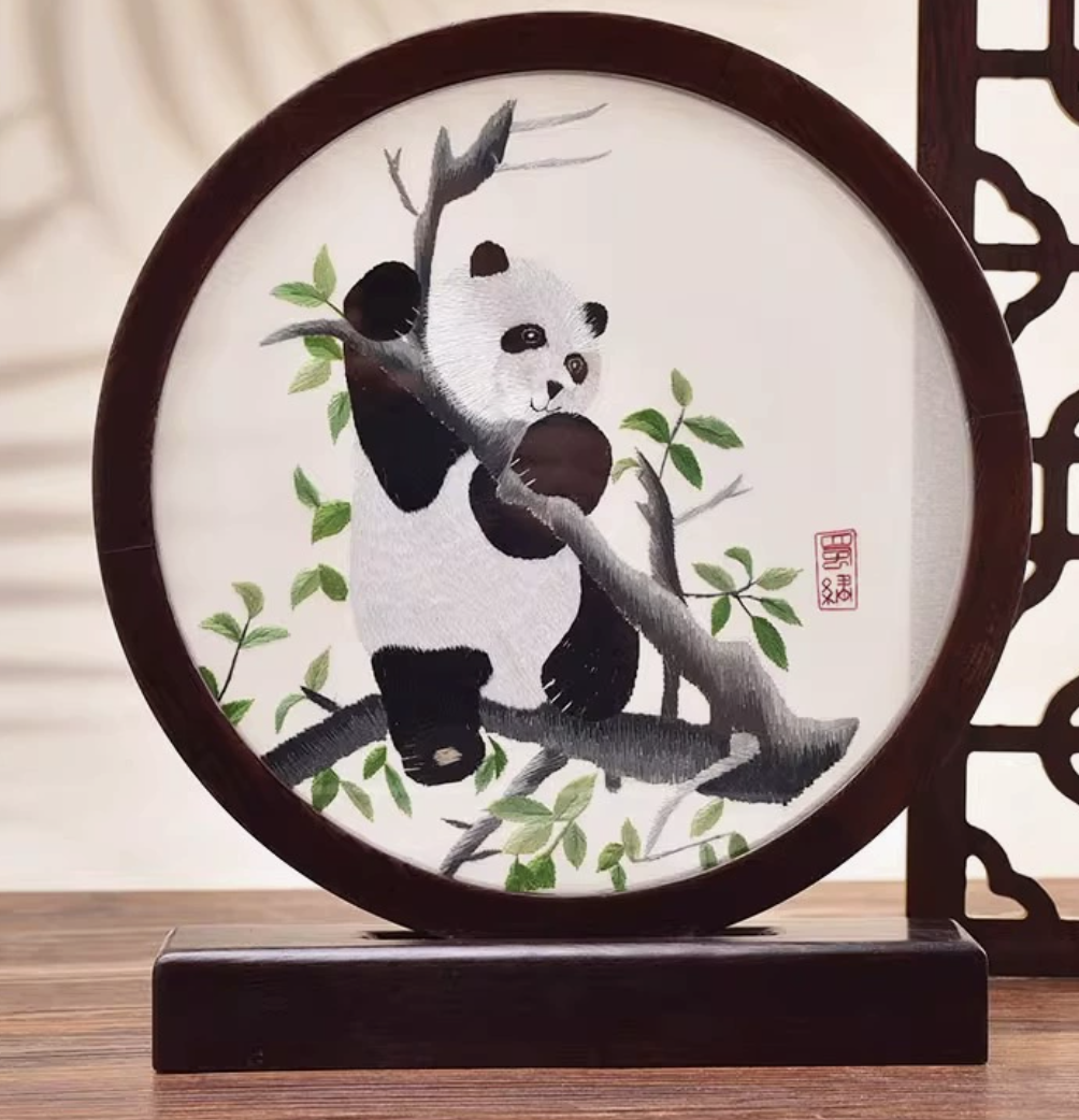 Hand - embroidered panda - themed screen ornament