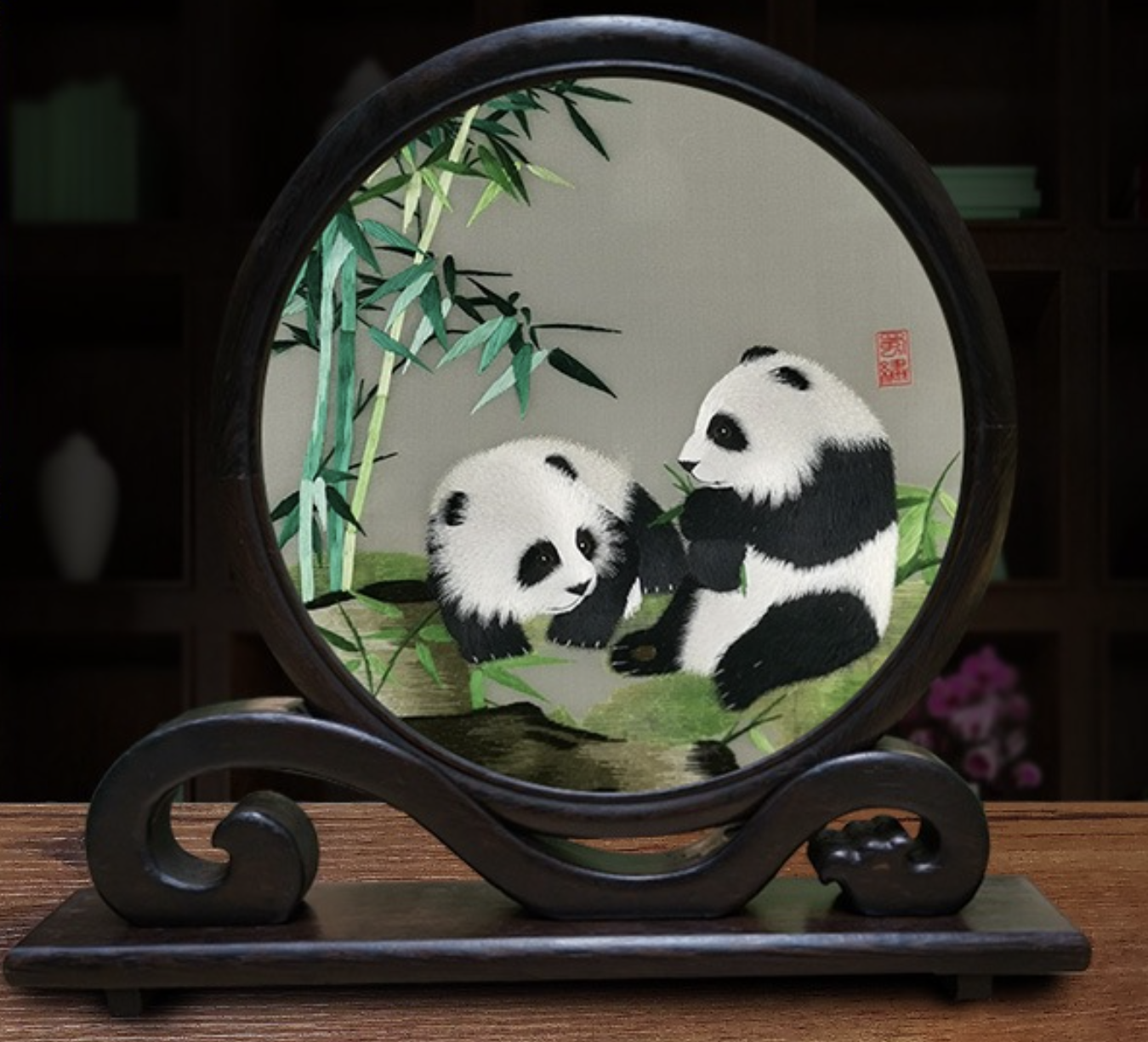 Double-sided embroidered screen ornament with chicken wing wood ruyi stand