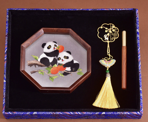 Hand - embroidered Panda Ornament and Handmade Bookmark Set