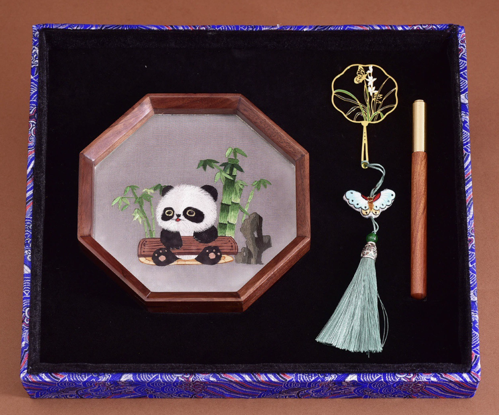 Hand - embroidered Panda Ornament and Handmade Bookmark Set