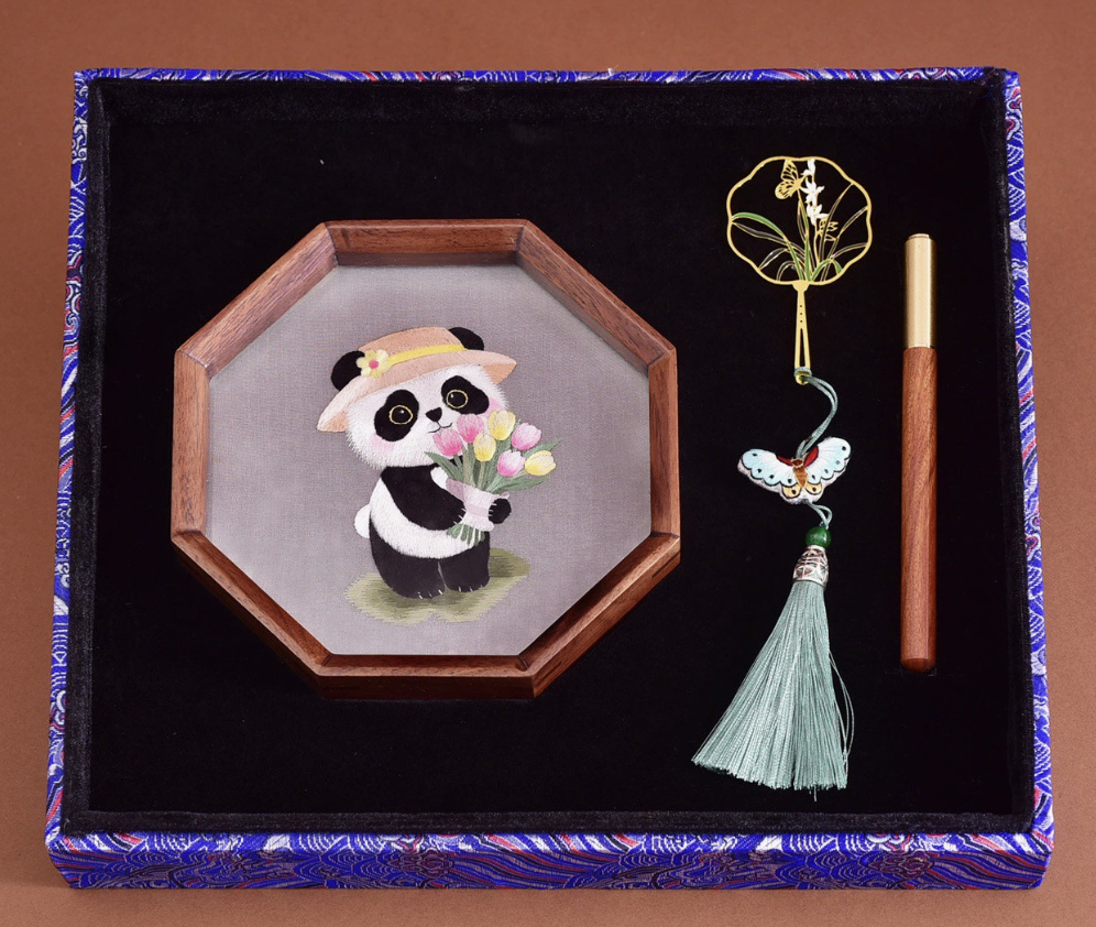Hand - embroidered Panda Ornament and Handmade Bookmark Set