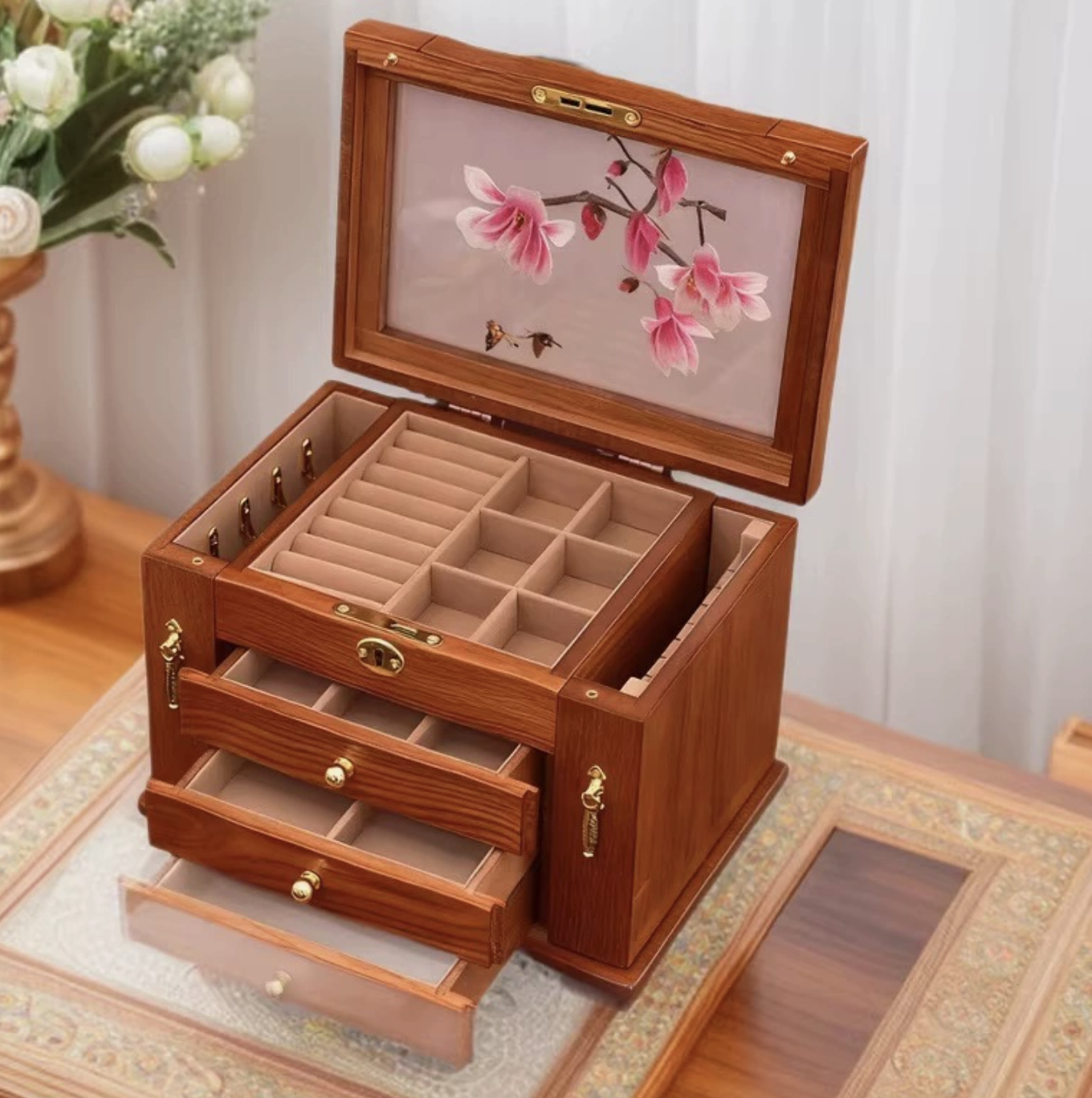 Luxury Hand-Embroidered Jewelry Box | Solid Walnut & Shu Embroidery