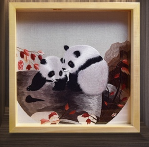 Square ornament with double - sided panda - themed Shu embroidery